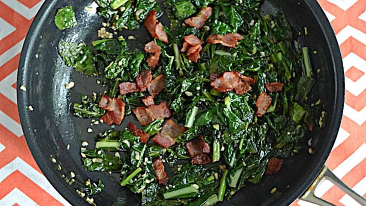 Sautéed kale with bacon is a simple, savory side dish made with tender wilted kale and crispy bacon pieces. The kale is cooked in the flavorful bacon drippings until softened, then a splash of vinegar and a touch of butter is added to finish off the dish.
