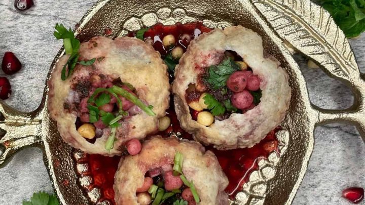 This pomegranate pani puri is a vibrant fall twist to the classic Indian street food, Pani puri.