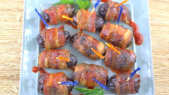 Bacon-wrapped almond-stuffed dates with a devilishly sweet and spicy glaze make a perfectly elegant party nibble.