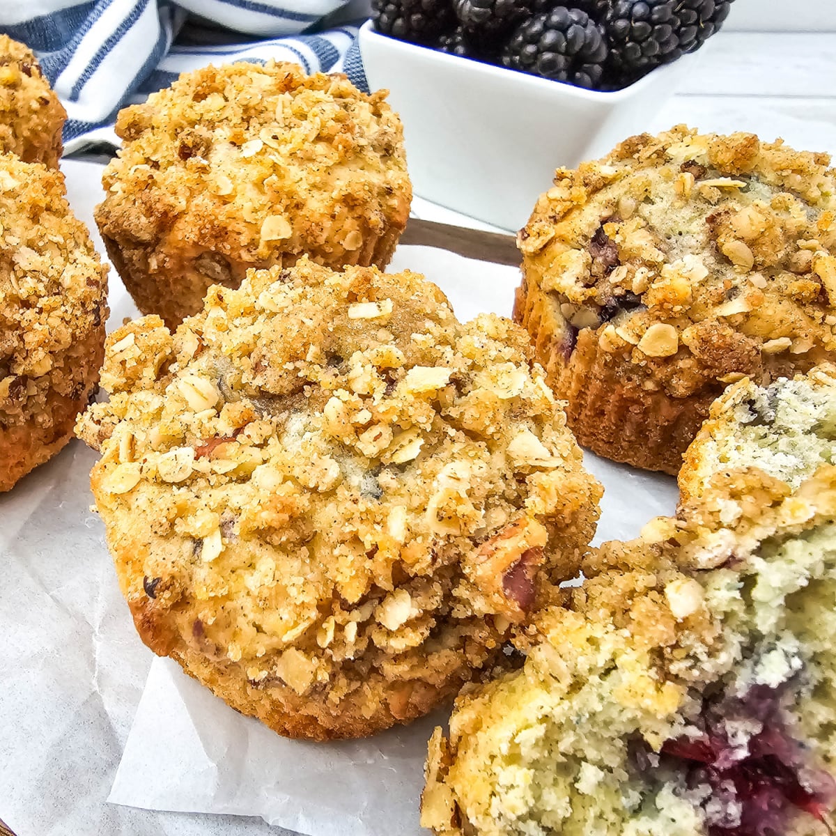 These Blackberry Streusel Muffins are packed with fresh juicy berries and topped with a buttery cinnamon-pecan crumble that adds texture and flavor to every bite.