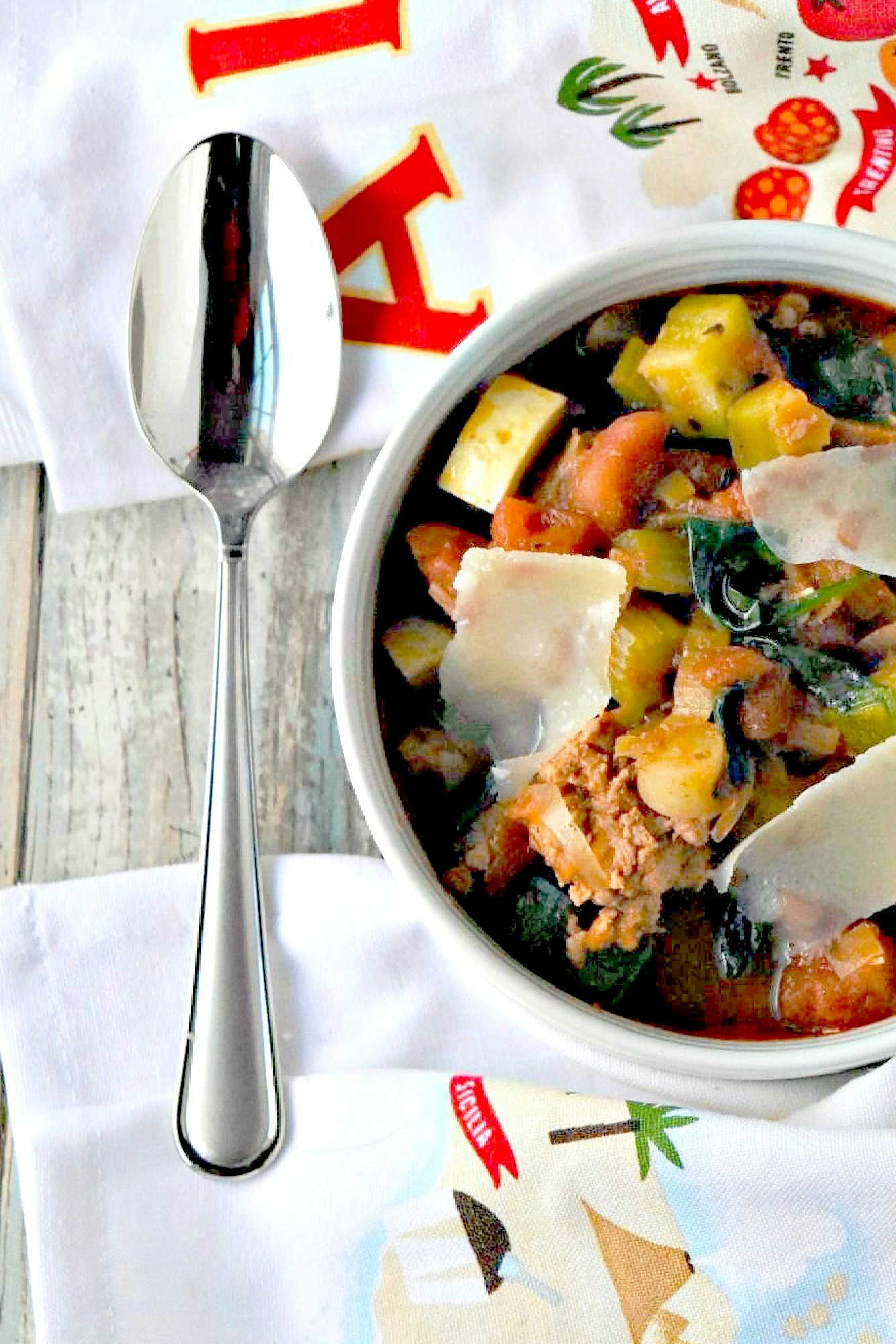 Nothing comforts quite like a bowl of Hearty Vegetable Soup & Tuscan Sausage made with homemade broth. Parmesan rinds melt while simmering, adding depth and a subtle nutty finish. Let this soup be your new favorite. #Italiansoup #sausagesoup #vegetablesoup #soupfordinner #SoupSeason #OnePotMeal #ComfortFoodie #SausageLoversUnite #HomemadeHealthyEats