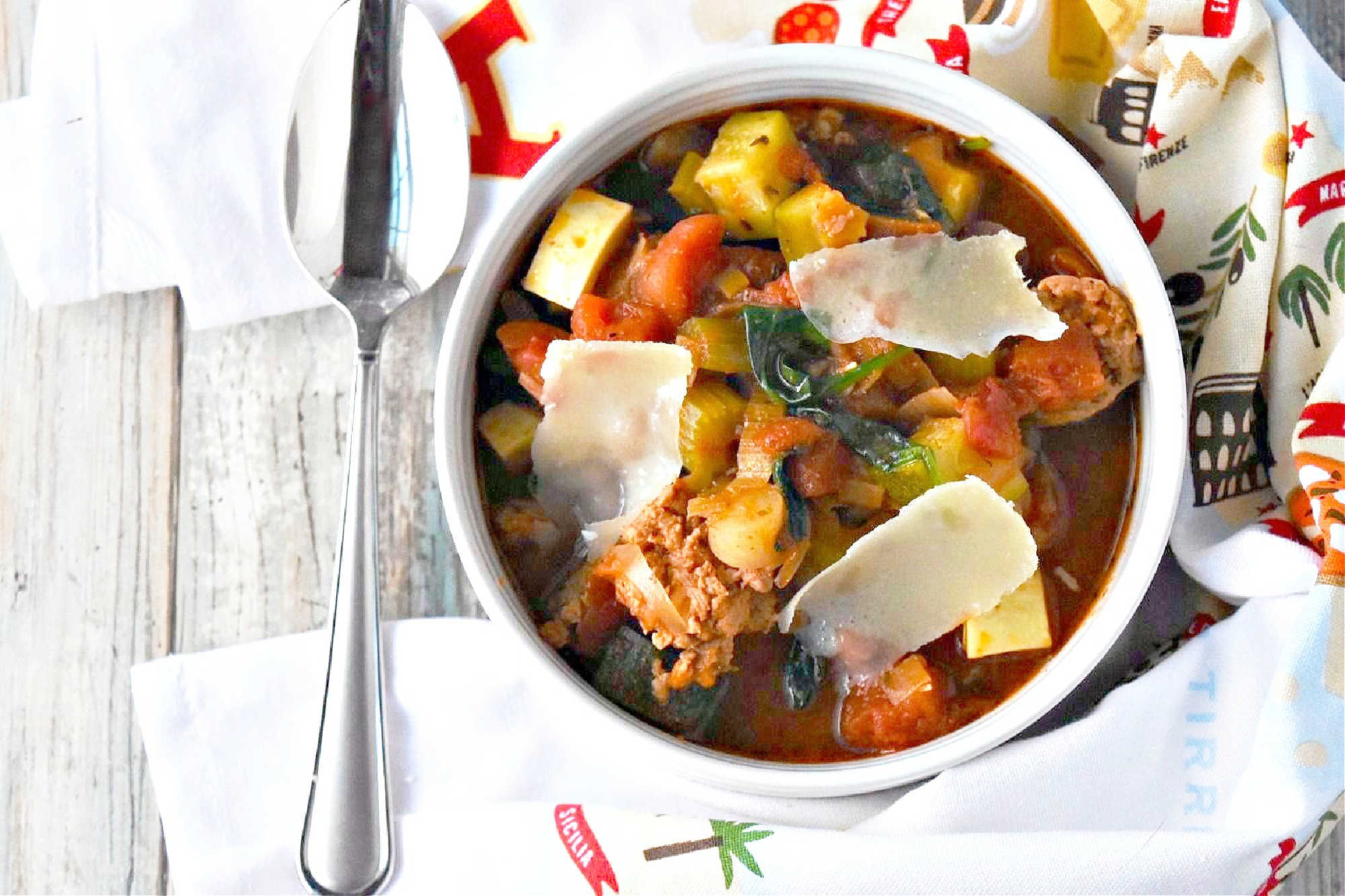 Nothing comforts quite like a bowl of Hearty Vegetable Soup & Tuscan Sausage made with homemade broth. Parmesan rinds melt while simmering, adding depth and a subtle nutty finish. Let this soup be your new favorite. #Italiansoup #sausagesoup #vegetablesoup #soupfordinner #SoupSeason #OnePotMeal #ComfortFoodie #SausageLoversUnite #HomemadeHealthyEats