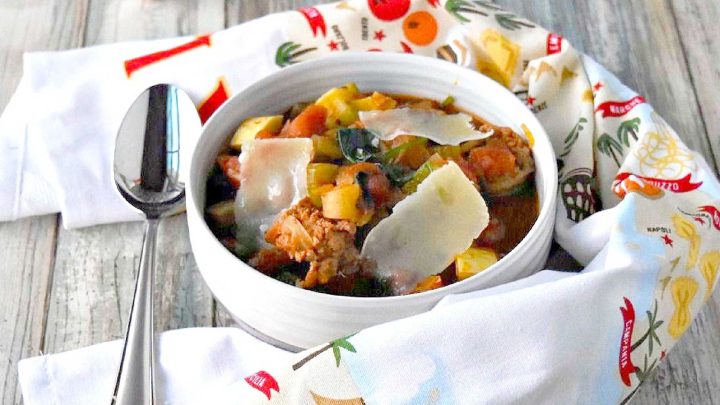 Nothing comforts quite like a bowl of Hearty Vegetable Soup & Tuscan Sausage made with homemade broth. Parmesan rinds melt while simmering, adding depth and a subtle nutty finish. Let this soup be your new favorite. #Italiansoup #sausagesoup #vegetablesoup #soupfordinner #SoupSeason #OnePotMeal #ComfortFoodie #SausageLoversUnite #HomemadeHealthyEats