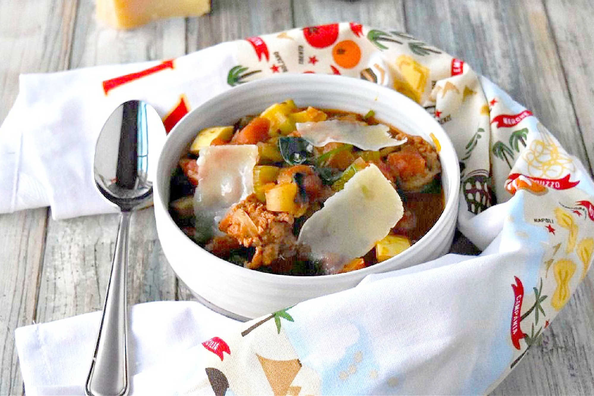 Nothing comforts quite like a bowl of Hearty Vegetable Soup & Tuscan Sausage made with homemade broth. Parmesan rinds melt while simmering, adding depth and a subtle nutty finish. Let this soup be your new favorite. #Italiansoup #sausagesoup #vegetablesoup #soupfordinner #SoupSeason #OnePotMeal #ComfortFoodie #SausageLoversUnite #HomemadeHealthyEats