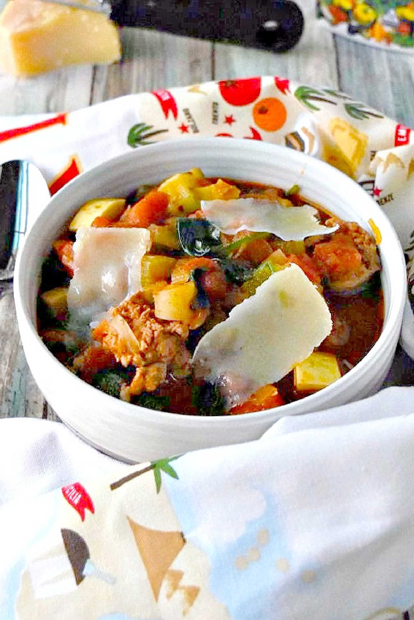 Nothing comforts quite like a bowl of Hearty Vegetable Soup & Tuscan Sausage made with homemade broth. Parmesan rinds melt while simmering, adding depth and a subtle nutty finish. Let this soup be your new favorite. #Italiansoup #sausagesoup #vegetablesoup #soupfordinner #SoupSeason #OnePotMeal #ComfortFoodie #SausageLoversUnite #HomemadeHealthyEats