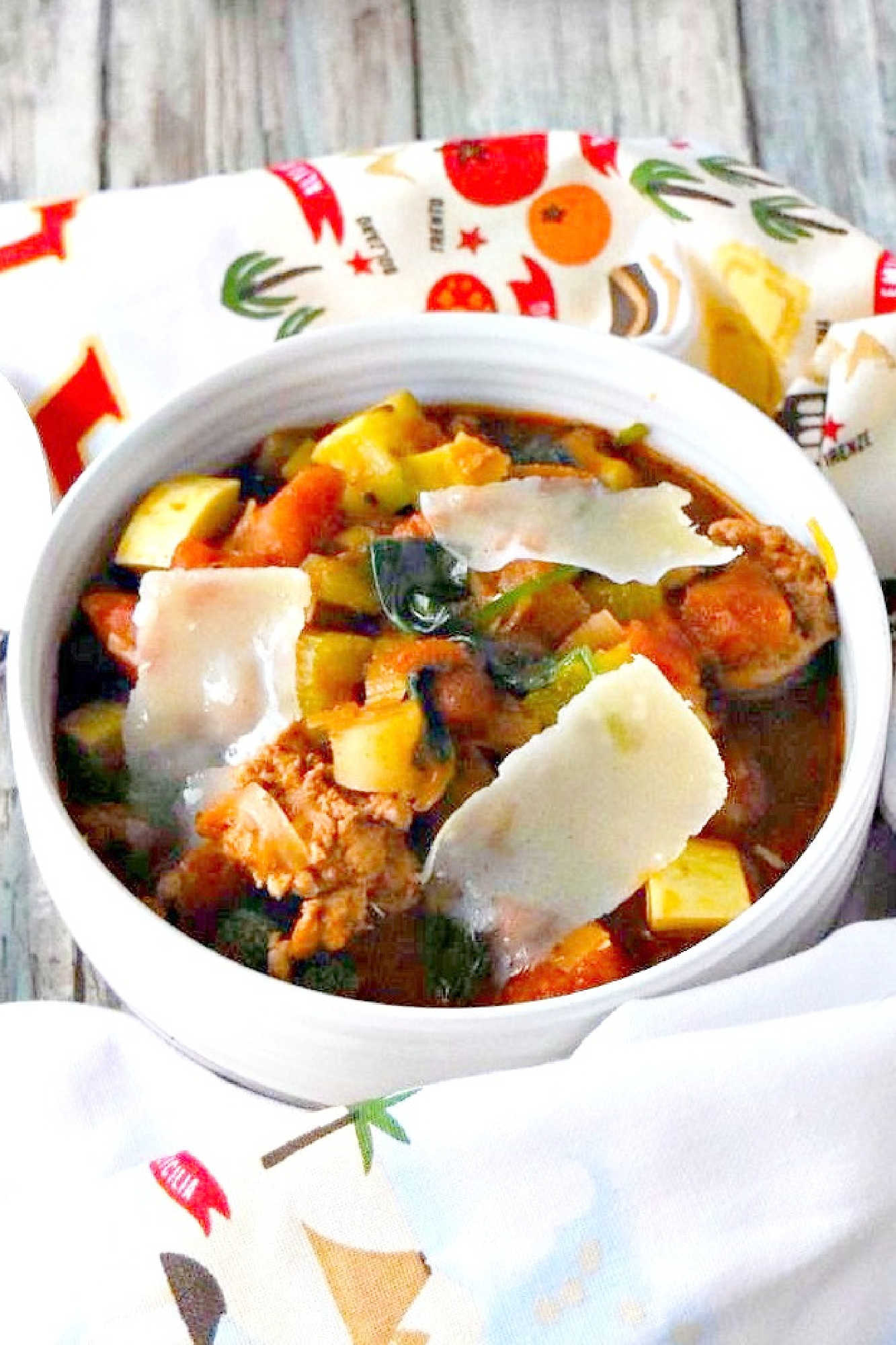 Nothing comforts quite like a bowl of Hearty Vegetable Soup & Tuscan Sausage made with homemade broth. Parmesan rinds melt while simmering, adding depth and a subtle nutty finish. Let this soup be your new favorite. #Italiansoup #sausagesoup #vegetablesoup #soupfordinner #SoupSeason #OnePotMeal #ComfortFoodie #SausageLoversUnite #HomemadeHealthyEats