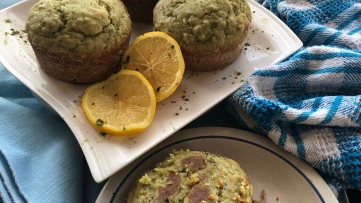 Lemon Matcha Muffins taste like a tea party! Green matcha tea cake-like muffins with a drizzle of lemon.