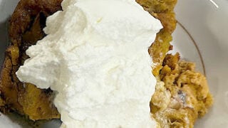 This delicious pudding starts with a sourdough pumpkin loaf, flavored with warm spices and studded with candied ginger.