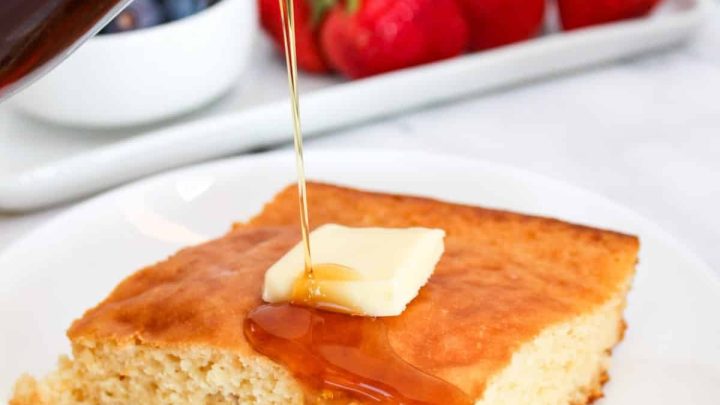 Sheet Pan Pancakes are the easiest way to make pancakes for a crowd! This recipe uses a mix and can be made in a 9x13 pan or a standard sheet pan.