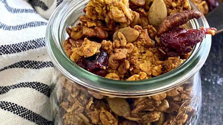 This Pumpkin Seed Granola is infused with pumpkin and warm fall spices for a delicious snack sensation. It has the perfect balance of sweetness, saltiness and crunch, and it’s so easy to make!