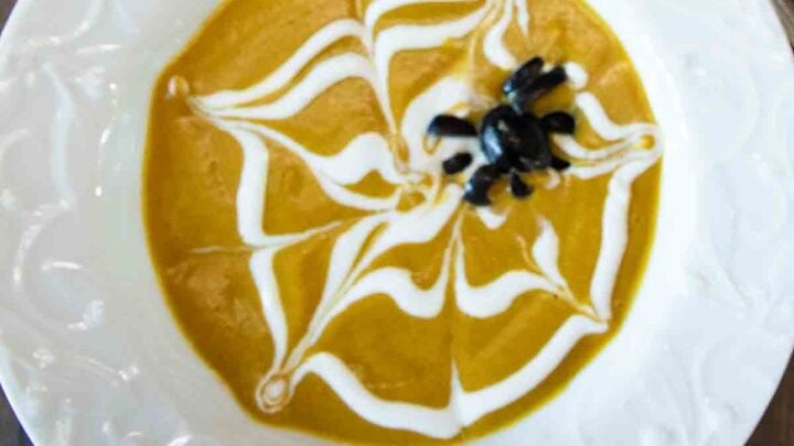Flavors of pumpkin & pear, with hints of caramel and cardamom, make this Pumpkin Pear Soup a special treat.  Add a spider web for fun!