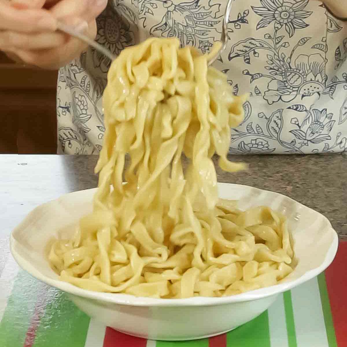 Homemade Egg Noodles in Chicken Broth are a rich and flavorful holiday side or special treat any time. Grandma's recipe!