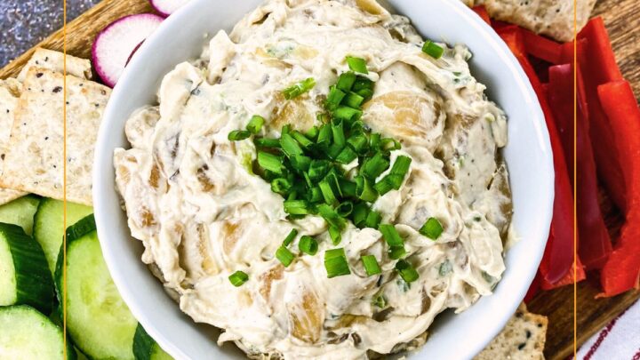 Caramelized Onion Dip is a creamy blend of caramelized onion, cream cheese, sour cream, herbs and a splash of maple syrup and vinegar.