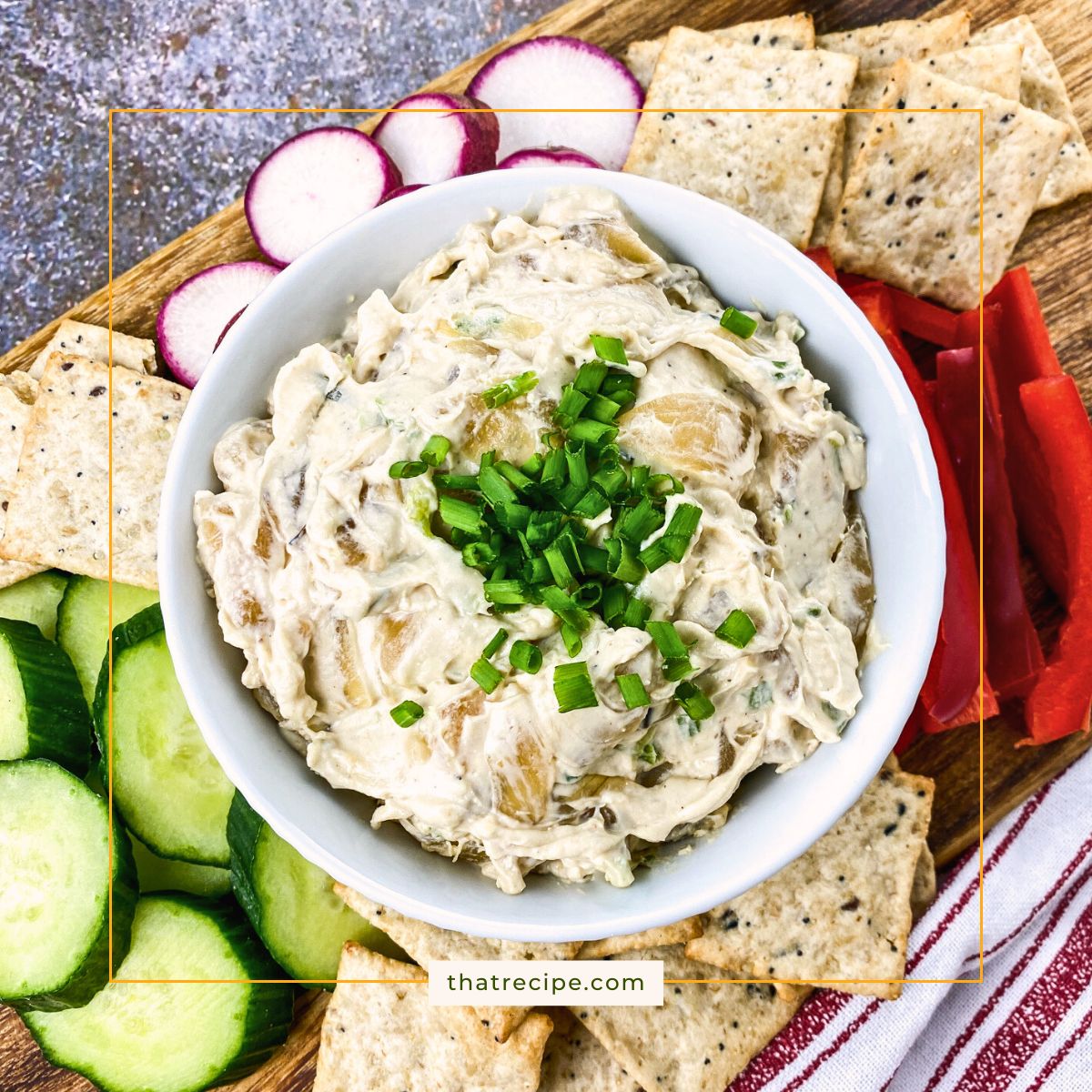 Caramelized Onion Dip is a creamy blend of caramelized onion, cream cheese, sour cream, herbs and a splash of maple syrup and vinegar.