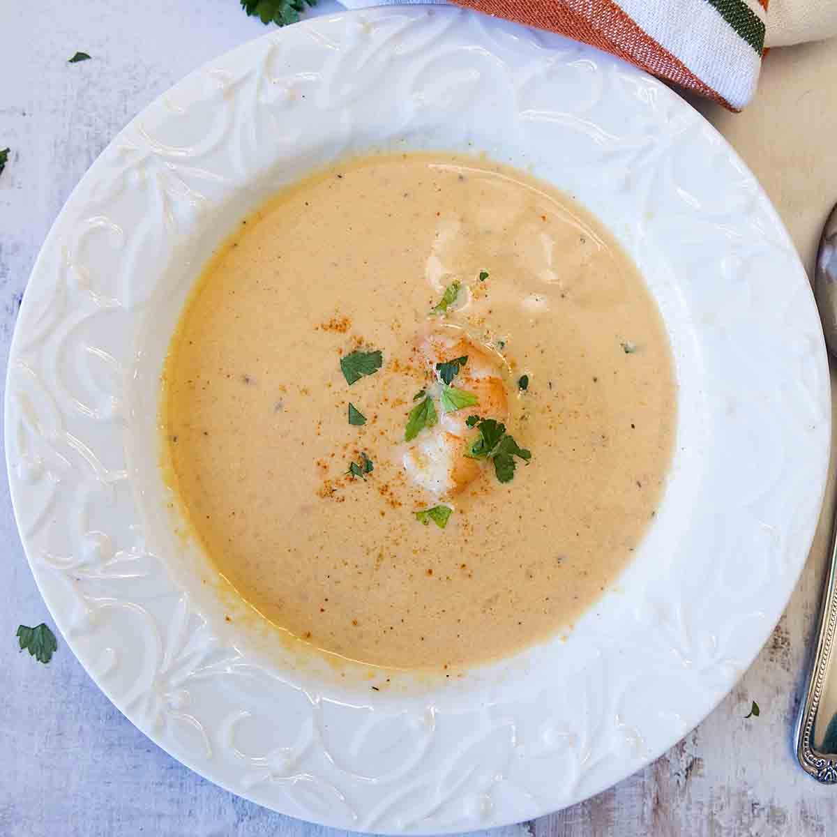 Rich and tasty, Shrimp Bisque is easy to make at home with this simple hack.  And it’s perfect for date nights, company dinners--or anytime!