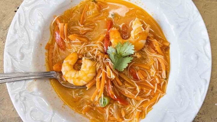 Thai Shrimp Soup is a little bit exotic, a little spicy, & a lot fun, with carrot strings & rice noodles to add nutrition & please the kids.