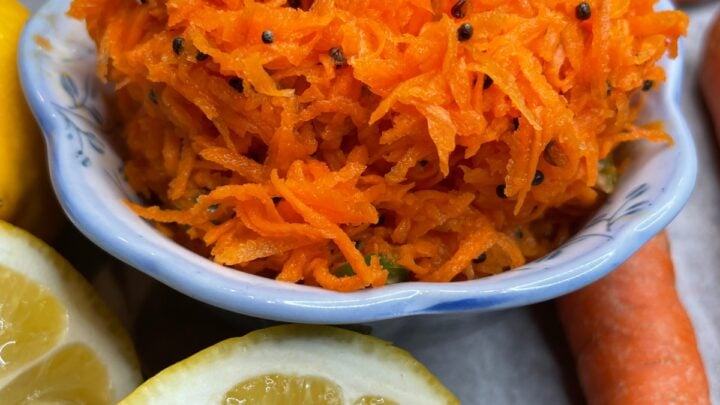 This tadka carrot salad is a healthy, vegan, easy and delicious slaw with season's best carrots and Meyer lemons.