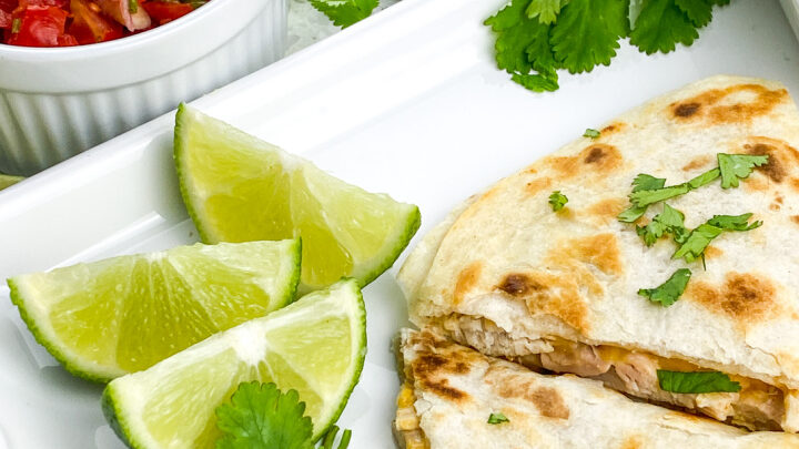 Rotisserie Chicken Quesadillas with Fresh Pico de Gallo uses store-bought shortcuts to get dinner on the table in under 35 minutes, from start