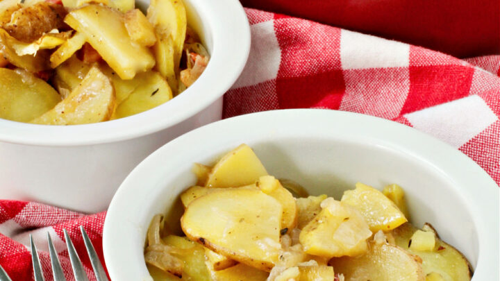 These potatoes boulangère are a wonderful lightened up potato dish. You can serve these potatoes for dinner as a side for roasts, steaks and chops, and poultry, or as a side dish for a celebratory brunch.