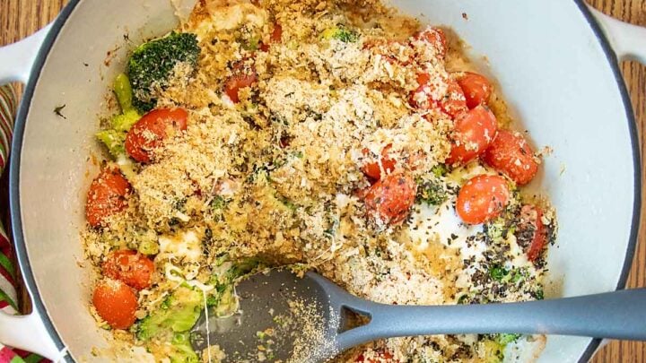 With two kinds of creamy cheese, tender broccoli & fresh cherry tomatoes, this Broccoli Cheese Casserole is a tasty & healthy entree or side.