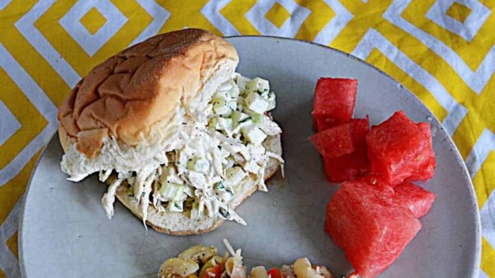 Make this Classic Chicken Salad with mayo, celery, and paprika on top!  Serve on a lettuce leaf or on bread for a sandwich.
