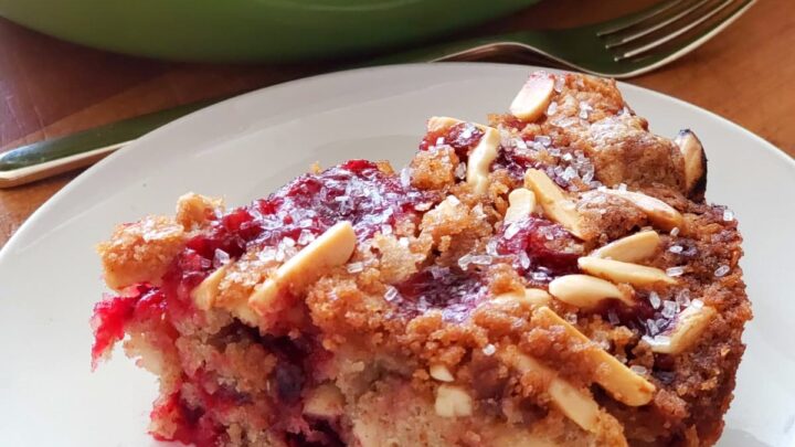 Cranberry Breakfast Cake bakes up like a dream, with tart berries in a lightly sweet almond-scented cake, topped with nutty streusel.