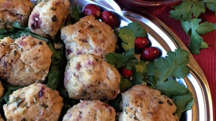 Cranberry Chicken Meatballs Tender chicken, sautéed cranberries, celery and onion. Served with Cranberry Bacon Sauce. #CranberryWeek or anytime treat.