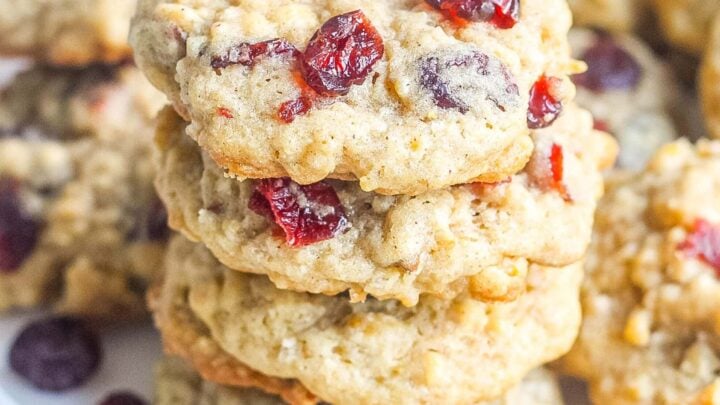 These Cranberry Oatmeal Cookies are perfectly soft and chewy. Dried cranberries, pecans and cinnamon are baked in an oatmeal cookie!