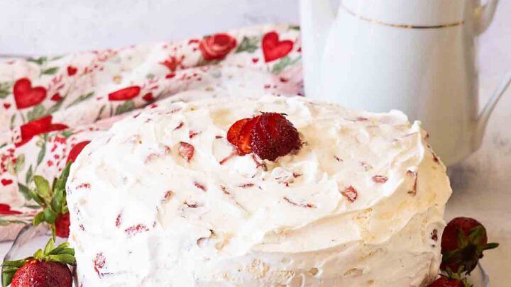 Two “cake” layers of tender meringue, layered with strawberries and whipped cream create a special dessert that’s perfect for spring.