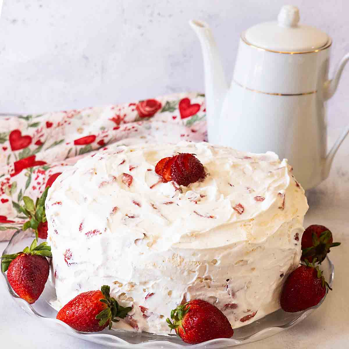 Two “cake” layers of tender meringue, layered with strawberries and whipped cream create a special dessert that’s perfect for spring.