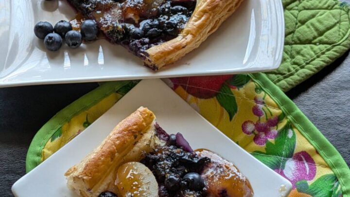 Blueberry Pear Goat Cheese Tart. Flaky phyllo dough, tangy goat cheese, sweet blueberries and pears. A delicious brunch treat! #BrunchWeek