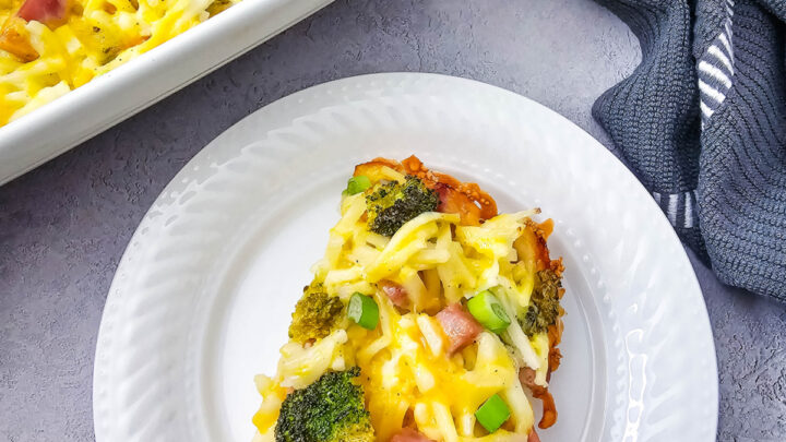 Ham and Broccoli Breakfast Casserole is a hearty brunch bake with hashbrowns, ham, eggs, broccoli, & cheese. Perfect for weekends or holidays