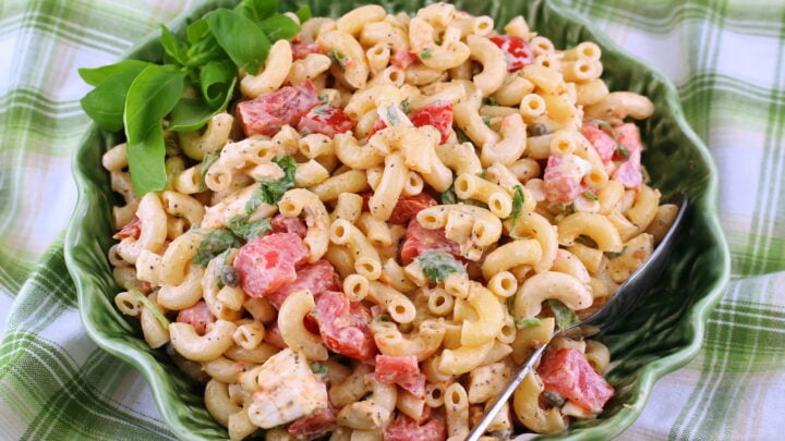 Macaroni Salad Caprese is inspired by Caprese with fresh tomato, fresh mozz and basil- this one  stirred up into a favorite noodle salad.