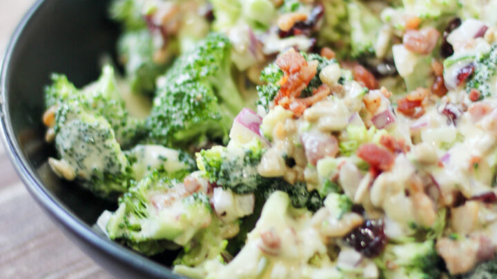 Packed with crisp broccoli, smoky bacon, sweet dried cranberries, crunchy sunflower seeds, and a creamy homemade dressing, this salad delivers the perfect combination of sweet, savory, and crunchy in every bite.