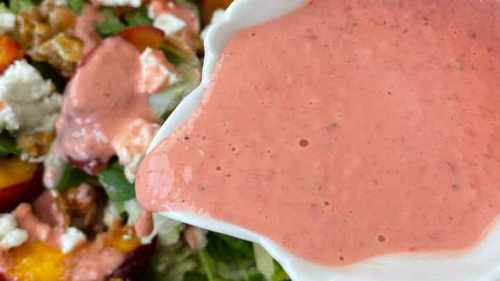 This delicious  and creamy strawberry gochujang dressing boasts sweet and spicy flavors is the perfect choice to jazz up fresh summer salads.