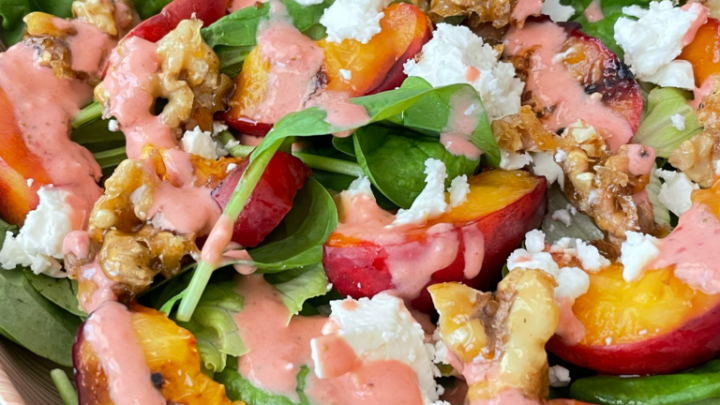 The grilled nectarine paired with the perfectly crisp candied walnuts provides the perfect amount of refreshing sweetness along with the mixture of feta and greens for the tang and perfect base! Pair this with the strawberry gochujang dressing, and I guarantee this salad will be on your meal prep list every week!