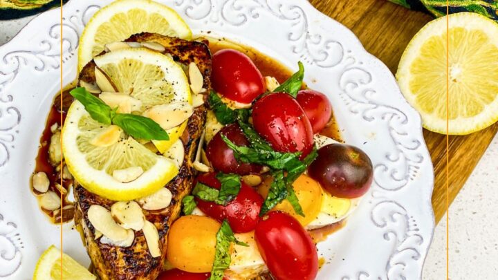 Seared Lemon White Fish is a bright, light dinner that comes together quickly. Simple seared fish, colorful caprese salad and toasted almonds