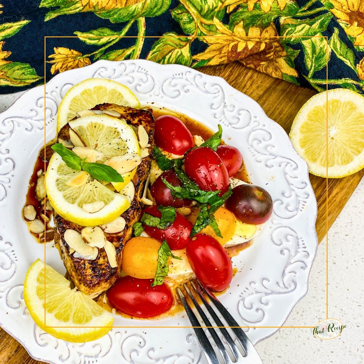 Seared Lemon White Fish is a bright, light dinner that comes together quickly. Simple seared fish, colorful caprese salad and toasted almonds