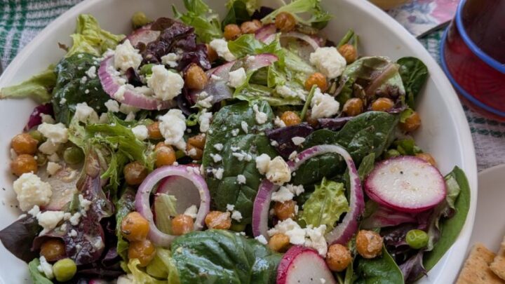 Roasted Chickpea Spring Salad serves crunchy chickpeas, creamy feta, spring veggies with orange vineaigrette. Enjoy anytime!.