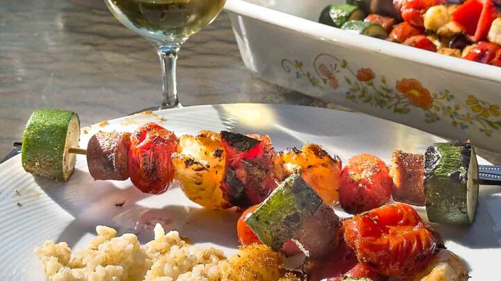 Just assemble and grill these easy cajun shrimp kabobs--no marinating! With a sprinkle of spices and andouille sausage, they are loaded with flavor!
