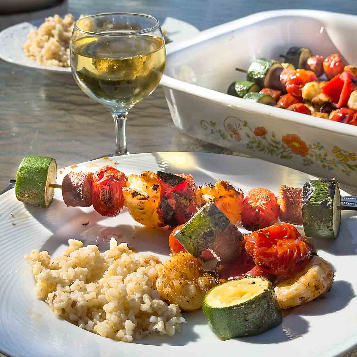 Just assemble and grill these easy cajun shrimp kabobs--no marinating! With a sprinkle of spices and andouille sausage, they are loaded with flavor!
