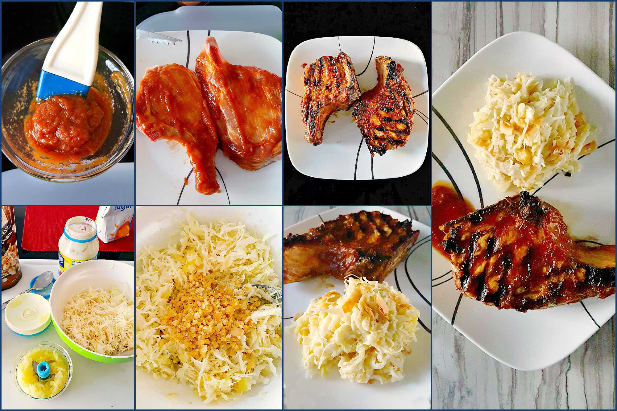 Savor the sweet and smoky harmony of pineapple barbeque chops paired with creamy colada slaw made with coconut chips and macadamia nuts. This dish brings people together and turns any meal into a mini celebration. #bbq #porkchop #pineapplesauce #pineapplebarbecue #PineappleBarbequeChops #ColadaSlaw #BBQlovers #SummerGrilling #TropicalFlavors