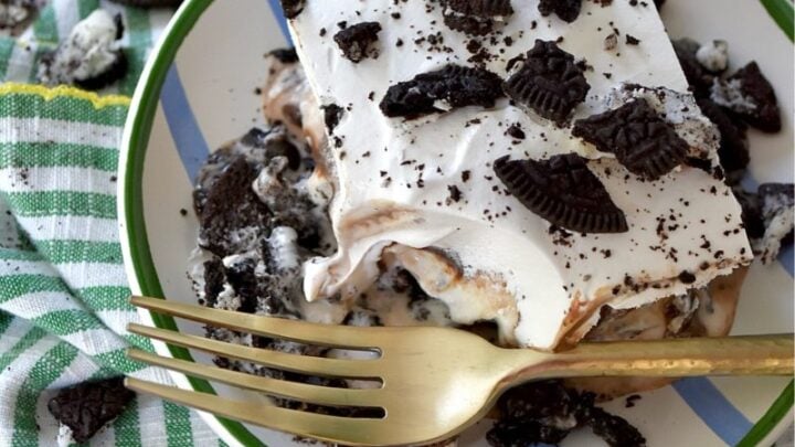 You know that one famous dessert that Mom always made, the one everyone waited practically all year for? For my family, it was this Mississippi Mud Pie. A layered frozen dessert masterpiece of crushed chocolate sandwich cookies, creamy vanilla ice cream, decadent hot fudge topping, and a crowning layer of fluffy, cloud-like whipped topping.