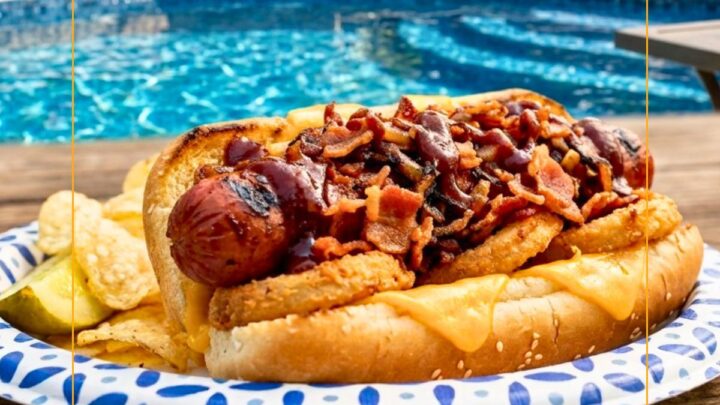 The Western Bacon Hot Dog adds bacon, barbecue sauce, crispy onions, and melty cheddar for a hot dog inspired by a favorite cheeseburger.
