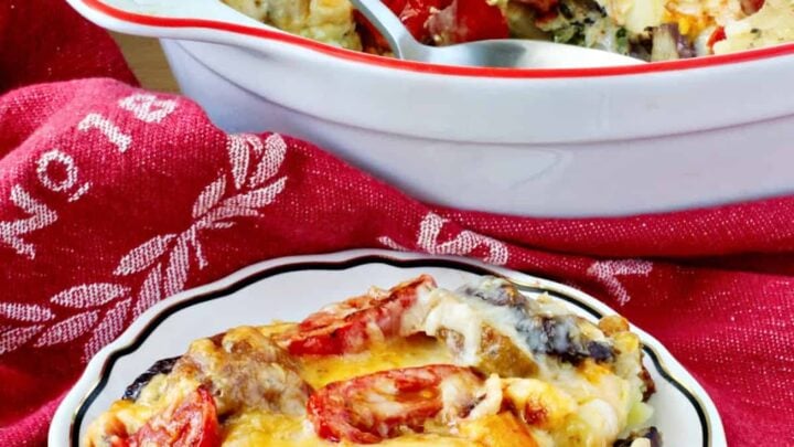 This potato, eggplant, tomato, and cheddar gratin is a wonderful summer dish and a great way to take advantage of the bounty of fresh vegetables available this time of year. 