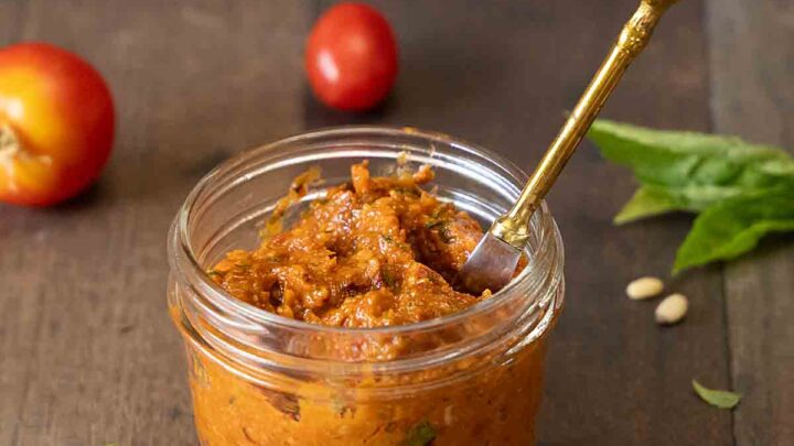 Savory, rich and unconventional, Sun Dried Tomato Pesto is an easy condiment or dip.  Add to pasta, sandwiches, crostini, and more.