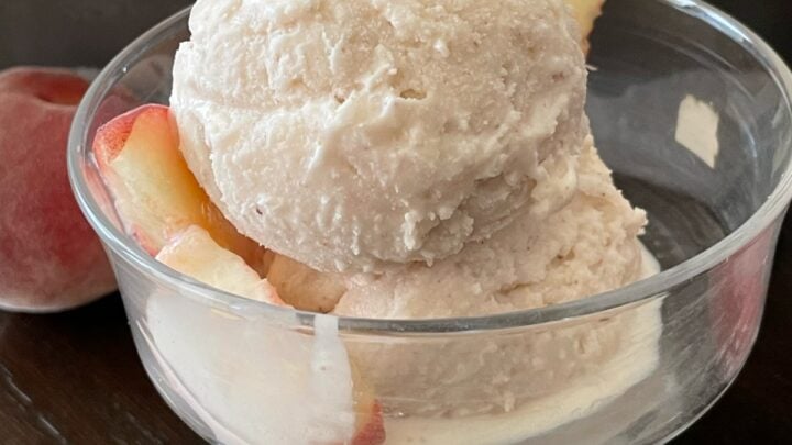 This no churn white peach icecream is easy and requires just three ingredients perfect to enjoy on a hot summer day.