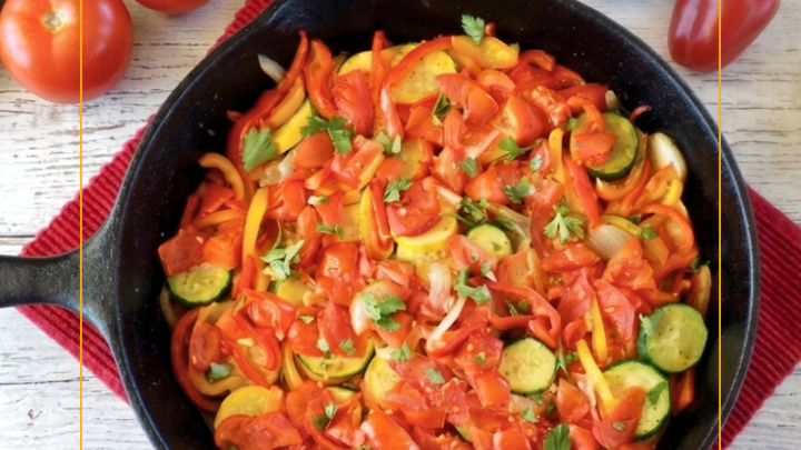 Ratatouille is a light vegetable side made with tomatoes, zucchini, eggplant, bell peppers, onions and garlic.