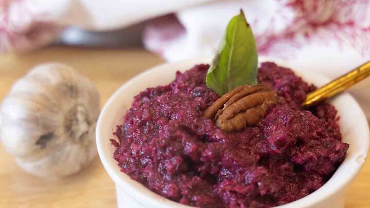 A unique and healthy take on pesto, this Beet Pesto is easy to make and a delicious spread or pasta topping.