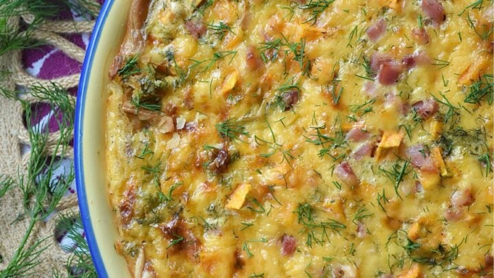 This fluffy quiche masterpiece is packed with hearty diced sweet potato that keeps just the right amount of bite, savory diced salty ham, and a generous amount of sharp cheddar cheese. With a hint of fresh dill and freshly grated nutmeg, it’s a complete, all-in-one meal that feels gourmet yet comforting.